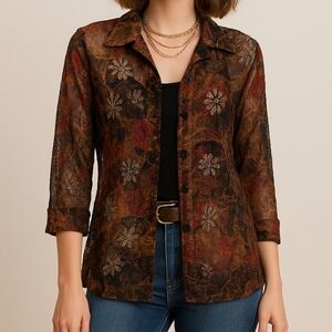 boho floral burnout lace blouse sheer button-front top autumn rust/black/red